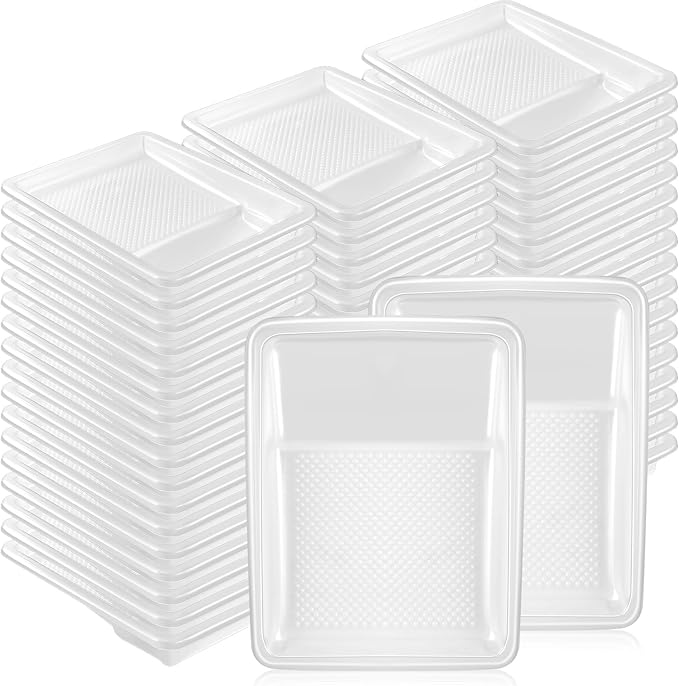 Geelin 80 Pcs Paint Tray Liner 9 Inch Pans White Roller Disposable Plastic Paint Tray with Textured for Painting Walls, Compatible with Most Rollers