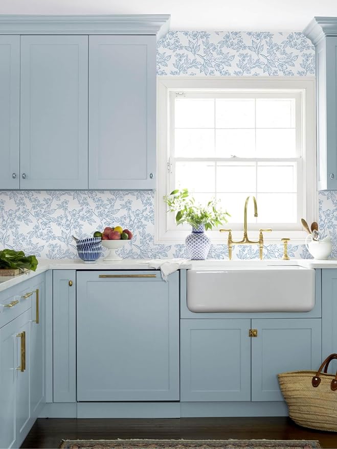 Ismoon Floral Peel and Stick Wallpaper Blue and White Contact Paper Modern Flroal Wall Papaer Textured Removable Self Adhesive Vinyl Stick on Wallpaper for Bedroom Cabinet 17.3x78.7in