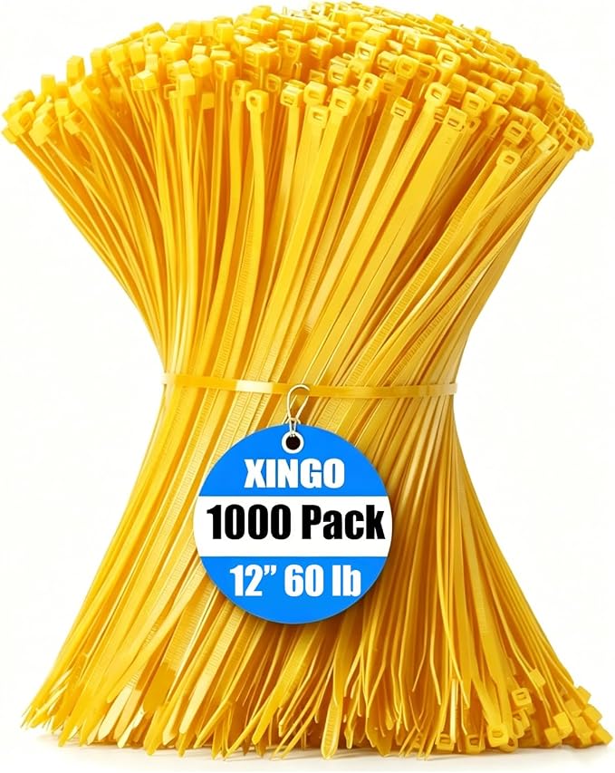 XINGO 1000 PCS Yellow Zip Ties 12 Inch, 60 LBS Tensile Strength, Self-Locking Nylon Plastic Nylon PA66 Wire Ties for Indoor and Outdoor Use