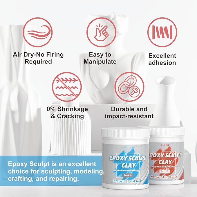 2 Pound Natural Epoxy Putty Sculpt Clay, 2 Part (A & B) Modeling Compound for Sculpting, Modeling, Building, Repairing, Self-Hardening Epoxy Clay Easily Repairs Metal, Wood, Tile, Ceramics, Plastic
