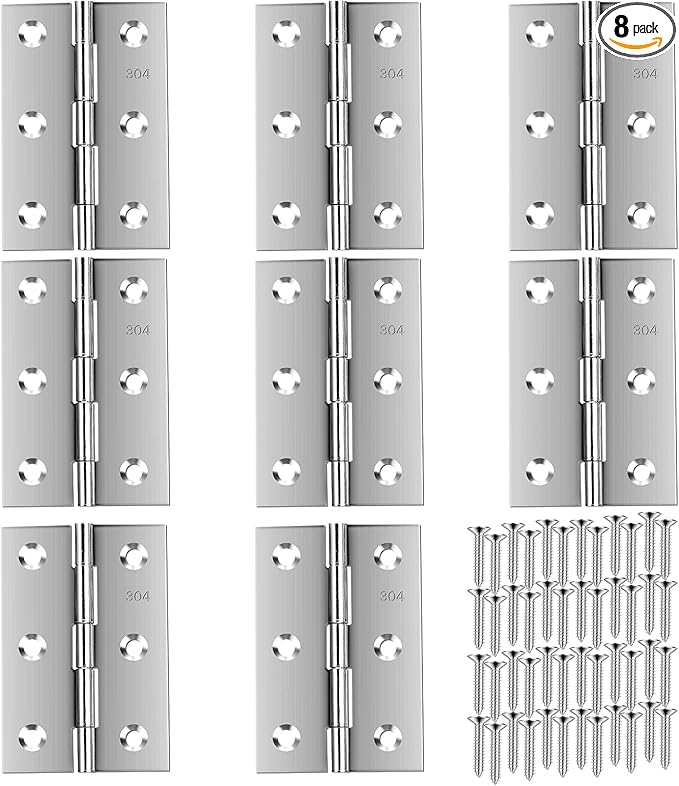Stainless Steel 3 Inch Folding Hinges for Furniture Door Window Case Lid and Wooden Box Chest, Pack of 8