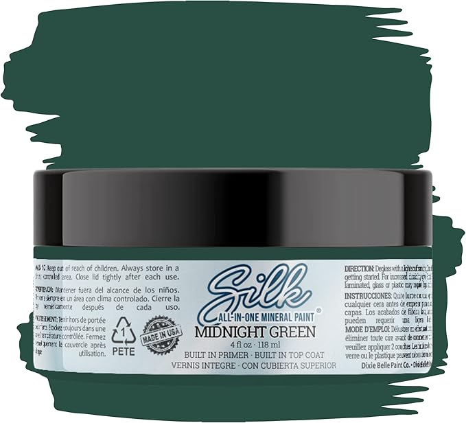 Dixie Belle Silk All-in-One Mineral Paint - Midnight Green (4oz) - Deep Blue Green Water Based Built-In Primer + Topcoat for Wood + Metal - Furniture Paint - Low Reflective Finish