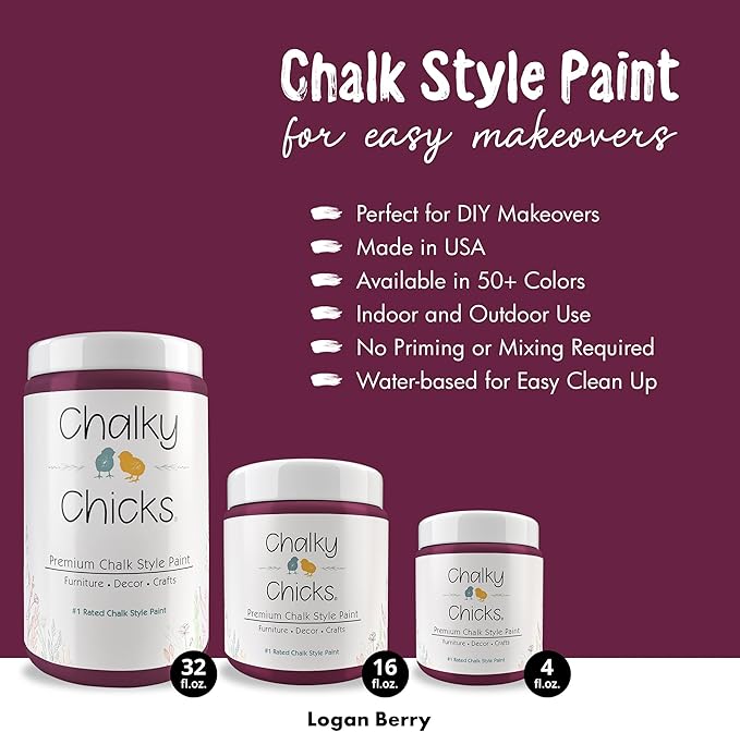 Chalky Chicks 16 Fl Oz Matte Logan Berry (Plum) Chalk Paint for Furniture Without Sanding - No Prep Furniture Paint No Sanding All in One for Crafts, Wood, Walls, Cabinet, Metal, Dresser, Farmhouse