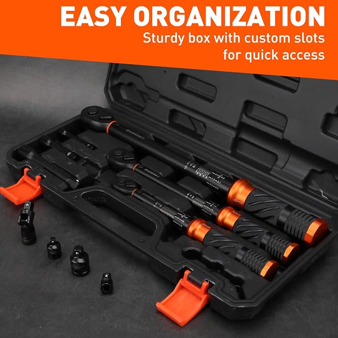 3Pack Torque Wrench Set, 1/4", 3/8", 1/2" Drive Click Torque Wrench Extra with Extension Bars & Adapters, Dual-Direction Adjustable Precision Torque Wrenches for Car, Motorcycle, Bike DIY Maintenance