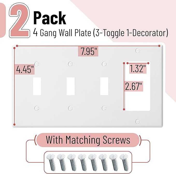 Bates- Combination Wall Plate, 2 Pack, 3-Toggle/1-Decorator, White Light Switch Cover Plate, Switch Covers, Outlet Plate Cover, Wall Plate Cover, Wall Plates, 4 Gang Switch Plate