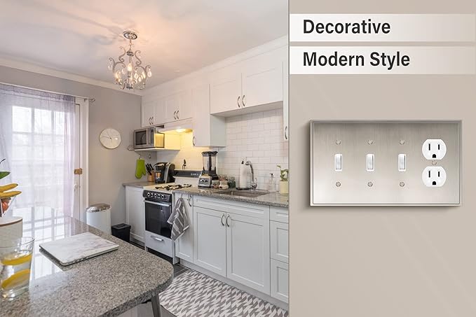 Henne Bery Soft Modern Decorative Wall Plate Switch Plate Outlet Cover (Triple Toggle/Single Duplex, Satin Nickel)