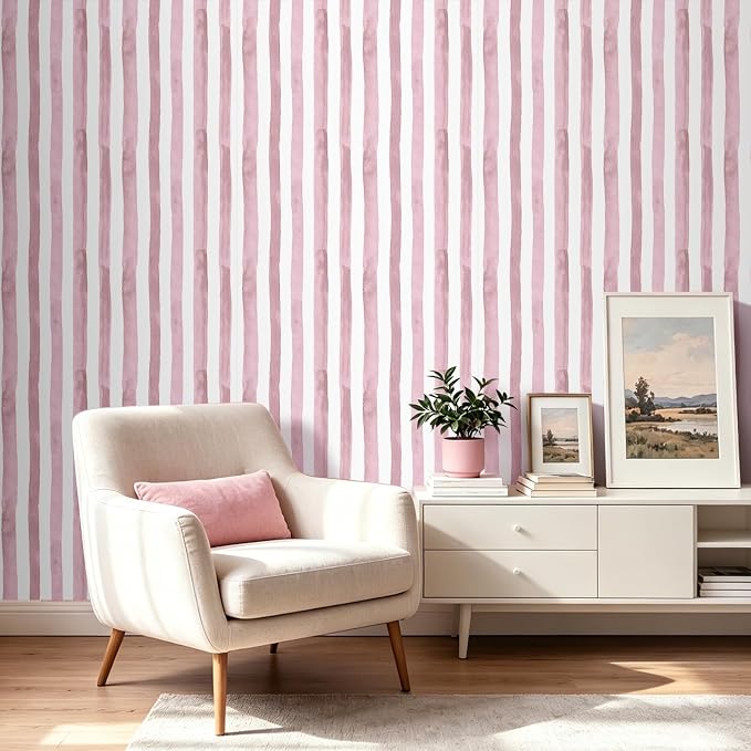 17.5x393 Striped Peel and Stick Wallpaper Pink and White Wallpaper Renter Friendly Blush Pink Stripe Contact Paper Drawers Vinyl Striped Classroom Pastel Watercolor Stripes Bedroom Kids Room