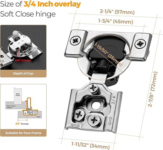 Ravinte 60 Pack 30 Pairs 3/4 inch Overlay Soft Close Hinges for Kitchen Cabinet Hinges Satin Nickel Hidden Hinge Stainless Steel Concealed Hinge self Closing