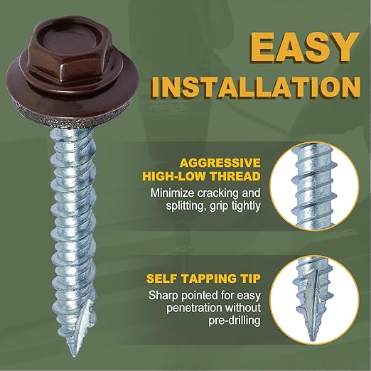 LIONMAX Metal Roofing Screws #10 x 1 Inch, 300-PCS, Brown Painted Hex Head Sheet Metal Roof Screws, Rubber Washer, Sharp Point, Metal to Wood Siding Screws, Hex Socket Included