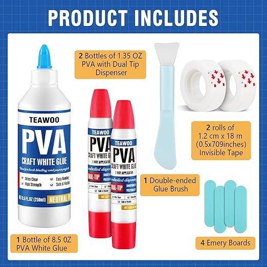TEAWOO Book Repair & Binding Glue Kit – 8.5 Oz + 2×1.35 Oz Acid-Free PVA Adhesive – Neutral pH, Dries Clear & Flexible for Books, Crafts, Collages & Paper Art, Used for Bookbinding and Book Repair