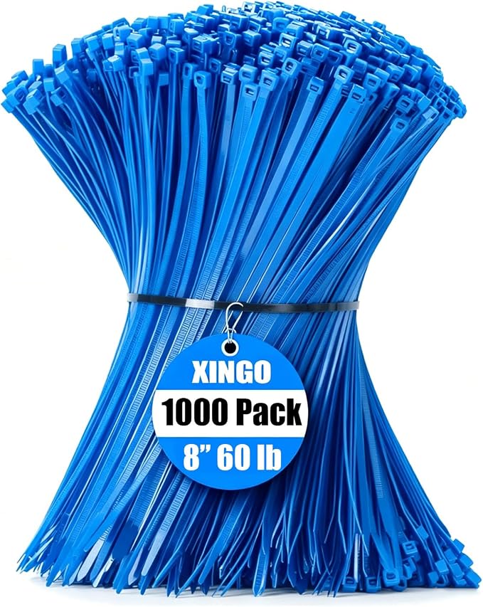 XINGO 1000 PCS Blue Zip Ties 8 Inch, 60 LBS Tensile Strength, Self-Locking Nylon Plastic Nylon PA66 Wire Ties for Indoor and Outdoor Use