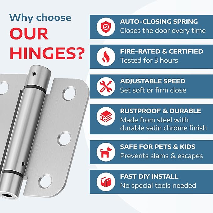 A1 ProGuard - Self Closing Spring Loaded Hinges, 3.5 Inch, Adjustable Tension for Garage, Front, Back Door, Door Closer Hinge, UL Listed, Left/Right Hand, 5/8'' Radius Corners, Brushed Nickel, 2 Pack