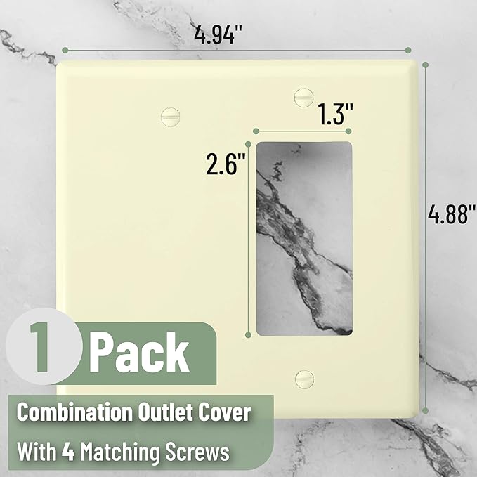 Bates- Combination Wall Plate, Decorator/Blank, Ivory Unbreakable Polycarbonate Thermoplastic, 2 Gang Wall Plate for Electrical Outlets