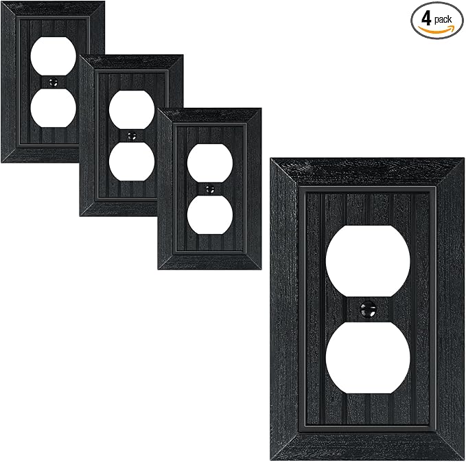 4-Pack Classic Beadboard Duplex Outlet Cover Plate, Decorative Unbreakable Polycarbonate Switch Plates and Outlet Covers, Matte Black Wall Plates for Electrical Outlets, 1 Gang Receptacle Cover