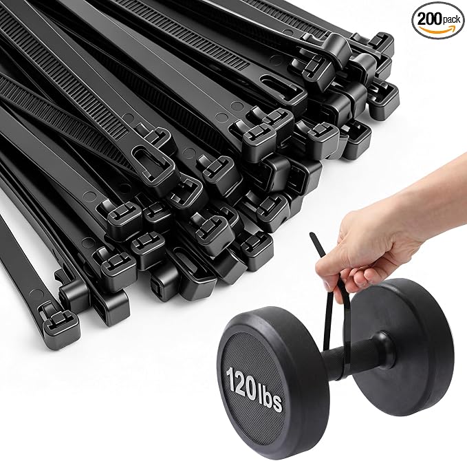 Reallnaive 200 Pcs 12 Inch Reusable Zip Ties, 120 Lbs Tensile Strength Releasable Black Tie Wraps, Reusable Cable Tie Straps, Wire Ties Removable for Cord Management, Garden, Home & Office