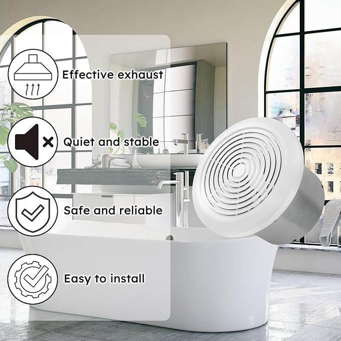 V2262-50 7 Inch Bathroom Exhaust Fan, 50 CFM, 1.0 Sones, 7" Ceiling Exhaust Fan, for 8 Inch Diameter Rough-in Opening, Ideal Ventilation for Bathroom, Laundry Room, Mobile Home, Kitchen & Garage