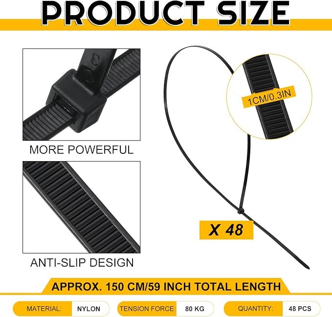 XunYee 48 Pcs 60 Inch Large Zip Ties Heavy Duty Outdoor Extra Large Zip Ties Extra Long Cable Wire Plastic Ties with 176 Pounds Tensile Strength Self Locking UV Resistant (Black)
