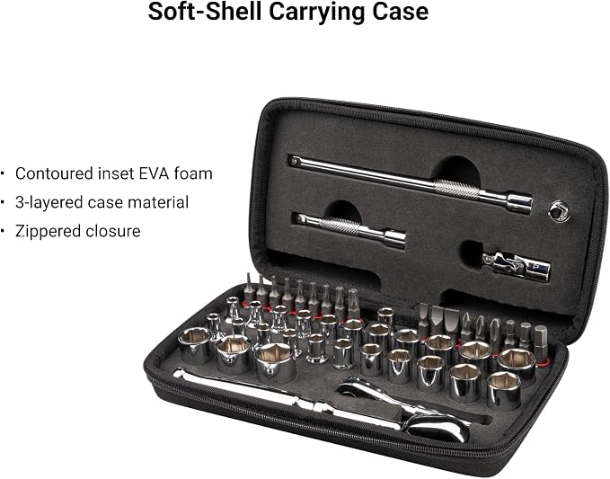 TEKTON 1/4 Inch Drive 6-Point Small Engine Socket Set, 50-Piece | SKT07901 | (5/32 - 9/16 in., 4 - 15 mm, Phillips #1 - 3, Slotted 3/16 - 5/16 in., T7 - T30), Shallow, Zipper Case, Custom Foam