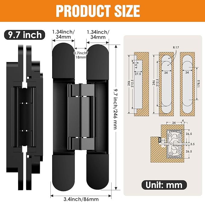 9.7" Hidden Door Hinge/Concealed Hinges,Invisible Hinges,Invisible Door Silent 180 Degree Swing Hinge 3-Way Adjustable Butt 9.7 x 3.3 x 1inch (Black, 9.7 inches)