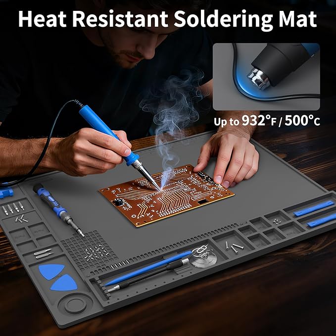 STREBITO Soldering Mat Large, Solder Mat Heat Resistant 932°F, Magnetic Mat for Screws and Tools, Solder Pad for Soldering Iron, Electronics, PC Building, Laptop, RC, Phone, Size 21.7 "x 15.8" (Grey)
