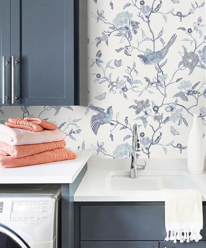Timeet Peel and Stick Wallpaper Vintage Floral Contact Paper Blue and White Birds Wallpaper Removable Self Adhesive Flower Wall Paper for Bedroom Living Room 16.14"x393.7"