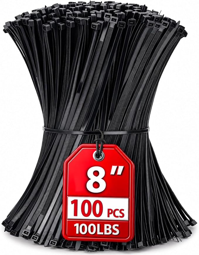 Zip Ties 8 inch, 100 Pack Heavy Duty Black Zip Ties with 100 lbs Tensile Strength, Self-Locking Nylon Cable Ties,Wire Ties for indoor and outdoor use.