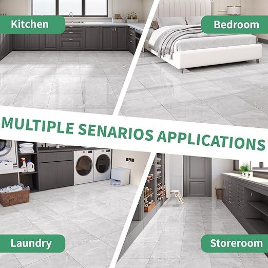 40-Pack Peel and Stick Floor Tiles Vinyl Floor 12 x 12 inch Self Adhesive Waterproof Glossy Flooring Planks DIY for Bathroom, Kitchen, Living Room, RV, Cover 40 Sq. Ft, Polish Light Grey Marble
