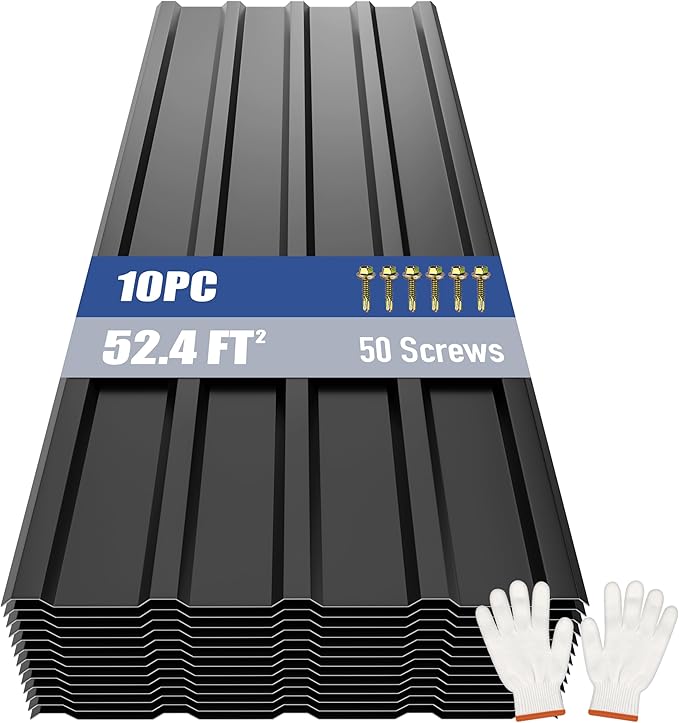 Brakki Metal Roofing Panels 10pcs 52.4 ft², L42.52"xW17.72" Black Corrugated Galvanized Steel Roof Panels with Screw, Heavy Duty Metal Siding Suitable for Garages Chicken Coop Sheds Stables Patio