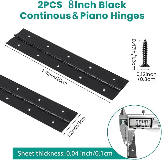 2Pcs 8inch Black Heavy Duty Continuous&Piano Hinges,1.2" Open Width Stainless Steel Piano Hinge with Holes and Screws,Working for Wood Box,Wood Furniture,Piano Cabinets.