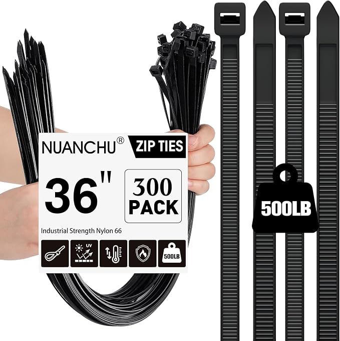 Nuanchu 300 Pcs Zip Ties 36 Inch Heavy Duty 500 Lbs Extra Long Large Cable Ties Plastic Nylon Wire Tie for Indoor and Outdoor Use (Black)