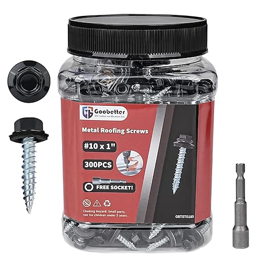 Metal Roofing Screws 10 x 1 Galvanized Hex Head Sheet Metal Screws, Metal to Wood Siding Screws, Self Tapping Screw with EPDM Washer for Corrugated Roofing (Black-300Pcs)