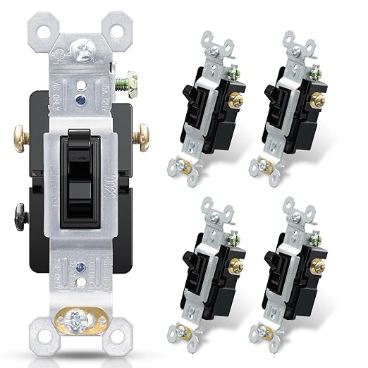 ELEGRP 3 Way Toggle Light Switch, 15 Amp, 120 V, Toggle Framed AC Quiet Switch, in Wall On/Off Switch Replacement, Self-Grounding, Residential and Commercial Grade, UL Listed (5 Pack, Glossy Black)