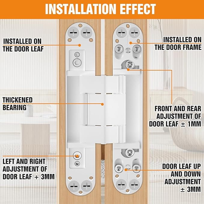 7" Hidden Door Hinge/Concealed Hinges,Invisible Hinges,Invisible Door Silent 180 Degree Swing Hinge 3-Way Adjustable Butt 7 x 2.8 x 1 (White, 7 inches)
