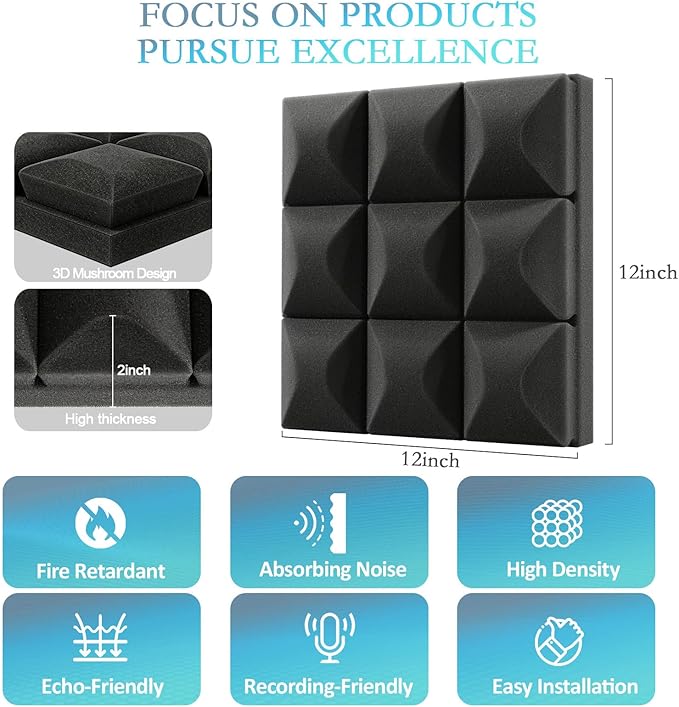 JBER 24 Pack 2" X 12" X 12" Acoustic Foam Panels,Soundproofing Wall Studio foam Panels wedges,Sound Insulation Absorbing Acoustic Treatment,9 Blocks Beveled Mushroom Fireproof Design - Black