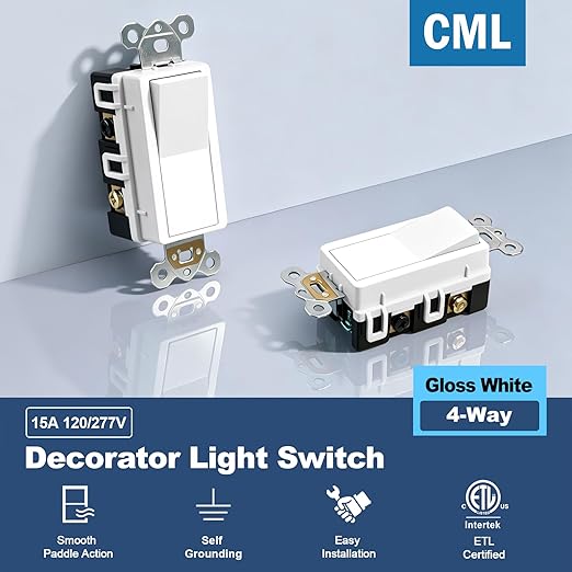 CML 4 Way Decorator Light Switch, 10 Pack Rocker Paddle Wall Switch, 15A 120/277V, Self-Grounding, On/Off Interrupter, ETL Listed, White