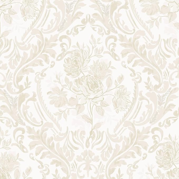 Ismoon Floral Peel and Stick Wallpaper Vintage Beige Contact Paper Boho Watercolor Damask Wall Paper Textured Removable Self Adhesive Vinyl Wallpaper for Cabinet Bedroom Wall Decor, 17.3x196in