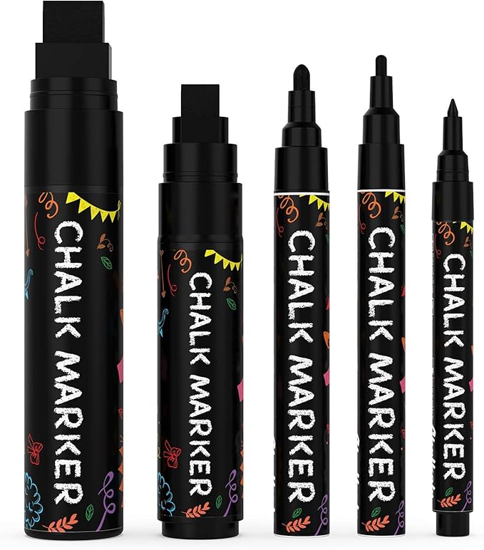 5 Black Chalkboard Chalk Markers - Black Dry Erase Markers for Blackboard, Chalkboard Signs, Windows, Glass | Variety Pack - Fine & Jumbo Size Ink Pen (1mm, 3mm, 6mm, 10mm, 15mm)