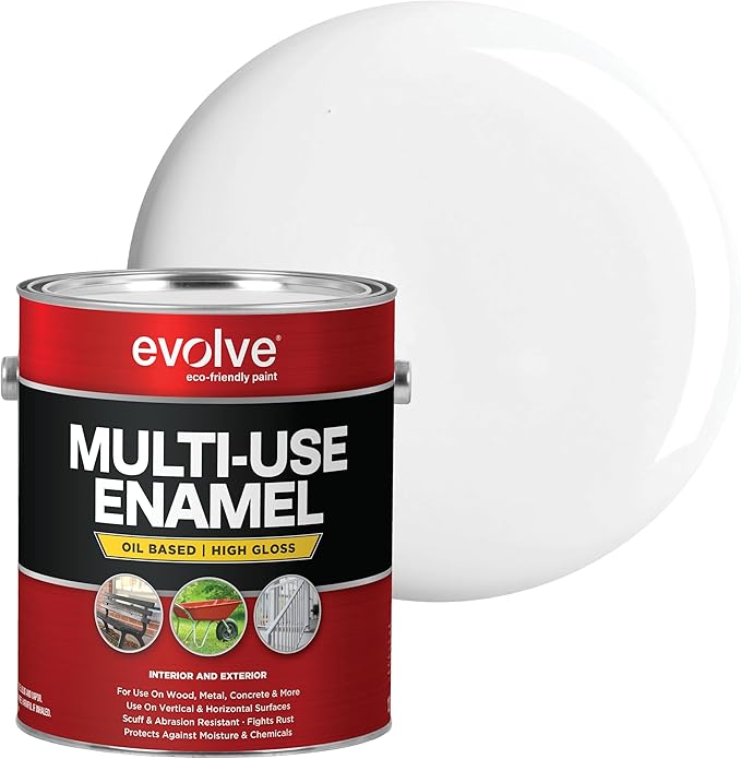 EVOLVE Multi-Purpose Alkyd Enamel – Interior Exterior Oil-Based Paint for Wood, Metal, Concrete, & Masonry, High-Gloss, Rust & Abrasion Resistant (Gloss White, 1 Gallon)