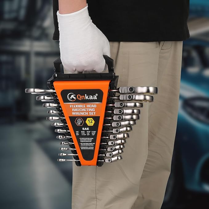 Qnkaa Flexible Ratcheting Wrench Set 24pcs Metric 8-19mm & SAE 1/4” to 7/8“ | Flex-Head Spanner Gear Ring Ratchet Combination Wrenches Kit with Portable Organizer