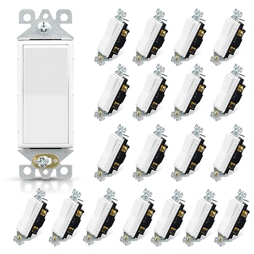 ELEGRP 3 Way Decorative Light Switch, 15Amp, 120-277 Volt, AC Decorator Rocker Paddle Wall Switch Replacement, Self-Grounding, Residential and Commercial Grade, UL Listed (20 Pack, Glossy White)