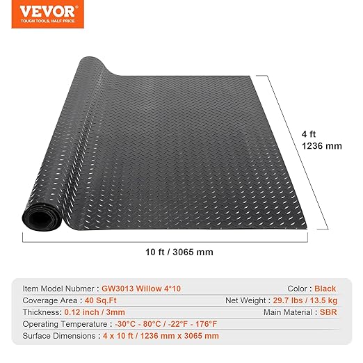 VEVOR Diamond-Plate Rubber Flooring Roll, 3 mm x 4 ft x 10 ft Garage Floor Mat, SBR, Easy to Clean, Diamond Plate Rubber Mat for Under Cars, Garage Industry Gym, Black