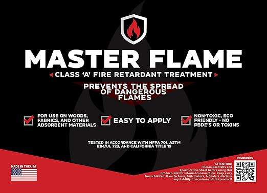 Master Flame Class A Fire Retardant Spray for Wood, Fabric, Cotton & More - Non-Toxic Flame Retardant Coating - Meets NFPA 701 & ASTM E84 - Made in USA - Easy to Apply and Dries Clear - 5 Gallon Pail