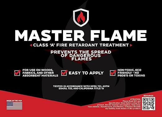 Master Flame Class A Fire Retardant Spray for Wood, Fabric, Cotton & More - Non-Toxic Flame Retardant Coating - Meets NFPA 701 & ASTM E84 - Made in USA - Easy to Apply and Dries Clear - 4 Gallon Case