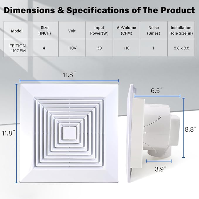 FEITON 110 CFM Bathroom Fan Exhaust Fan Ceiling Mount, 30W, 110V, 1.0 Sones, Square Quiet Ventilation, 4-in Duct, 8.8" x 8.8" Mounting Hole
