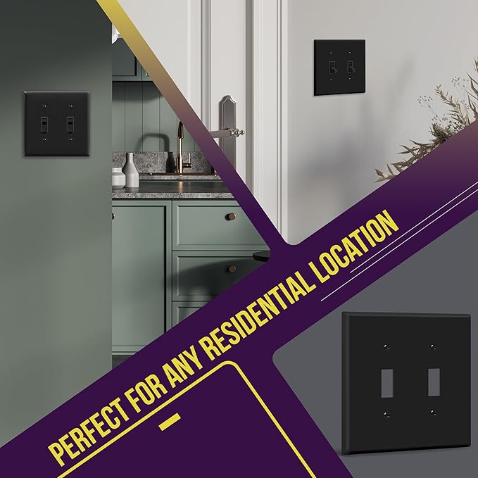ENERLITES Mid-Size Toggle Light Switch Wall Plate, Midway Size 2-Gang 4.88" x 4.92", Unbreakable Polycarbonate Thermoplastic, UL Listed, 8812M-BK-5PCS, Black (5 Pack)