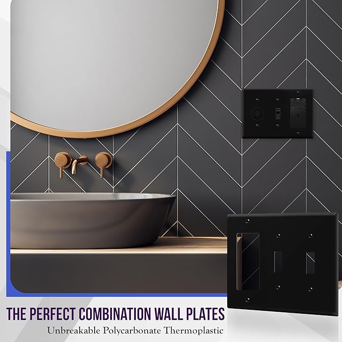ENERLITES Combination Triple Light Switch Plate, Double Toggle/Single Decorator Switch, Standard Size 3-Gang 4.5" x 6.38", Polycarbonate Thermoplastic, 881231-BK, Black