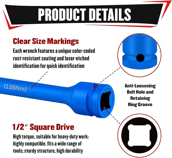 YIYITOOLS 10Pcs 1/2" Drive Torque Limiting Extension Bar Set, 8" Long Torque Sticks (65-150 Ft-Lbs), Impact Socket Extensions with Storage Case, Color-Coded, for Lug Nuts, Tire Repair