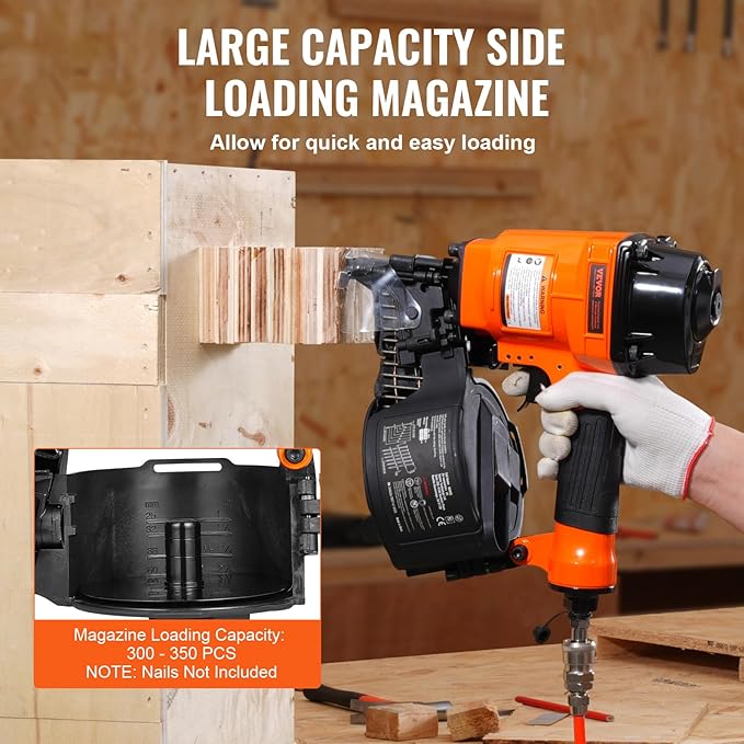 VEVOR MCN55 Coil Siding Nailer, 70-120PSI Air Coil Nailer 1 inch to 2-1/4 inch 15 Degree Pneumatic Siding Nail Gun for Siding, Pallet Sheathing, Fencing, Decking