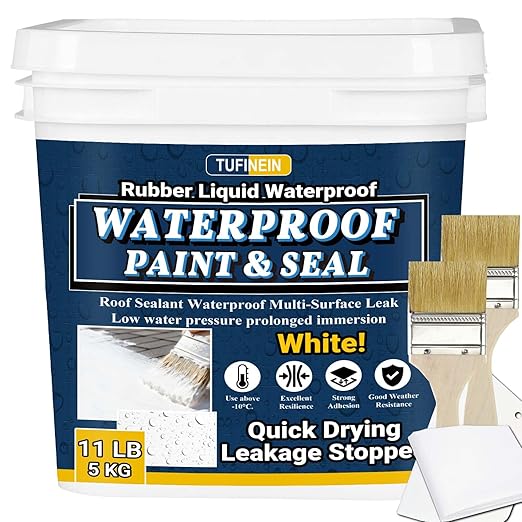 Rubber Liquid Waterproof Sealant, TUFINEIN 11 LB/5 KG White Quick Drying Multi Surface Foundation Leak Repair - Roof Gutters Basement Sealer Waterproof - Indoor & Outdoor Flexible Rubber Paint