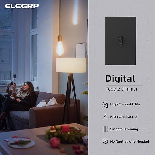 ELEGRP Digital Dimmer Switch for LED/CFL, Toggle Dimmer Switch with Decorative Frameless Design Wallplate, Single Pole/3-Way, UL Listed, 10 Pack, Black